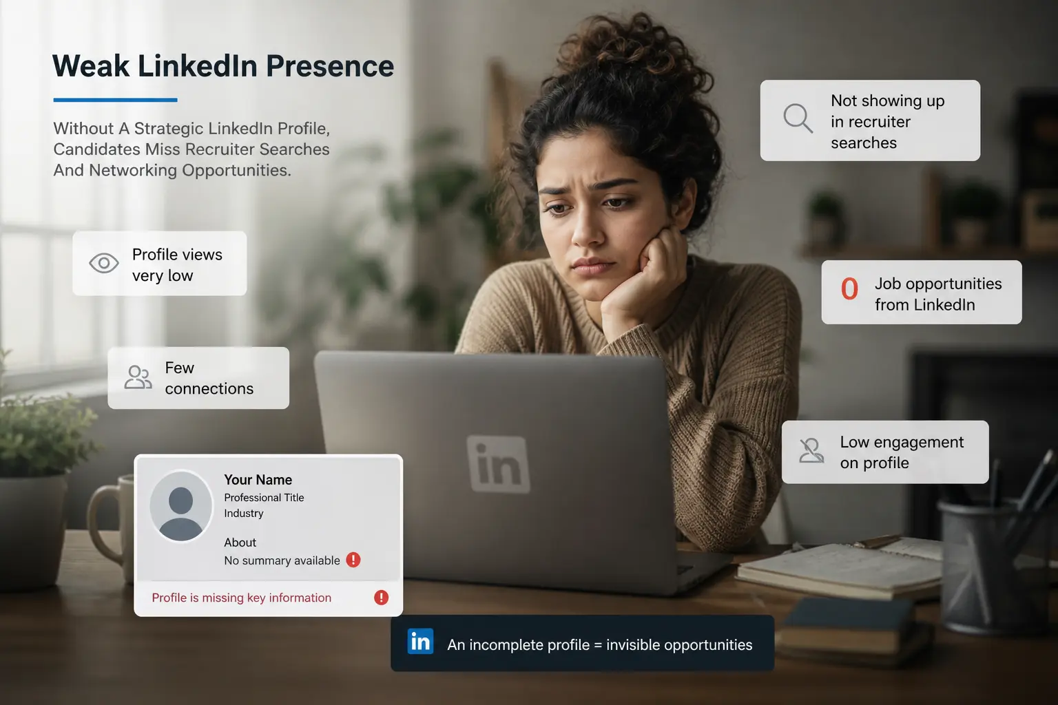 Low LinkedIn engagement and missed job opportunities due to incomplete profile